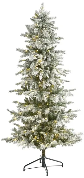 6.5ft. Pre-Lit Slim Flocked Nova Scotia Spruce Artificial Christmas Tree in Green by Bellanest