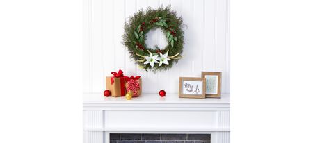 20in. Cedar, Antlers, Lily and Ruscus with Berries Artificial Wreath in Green by Bellanest