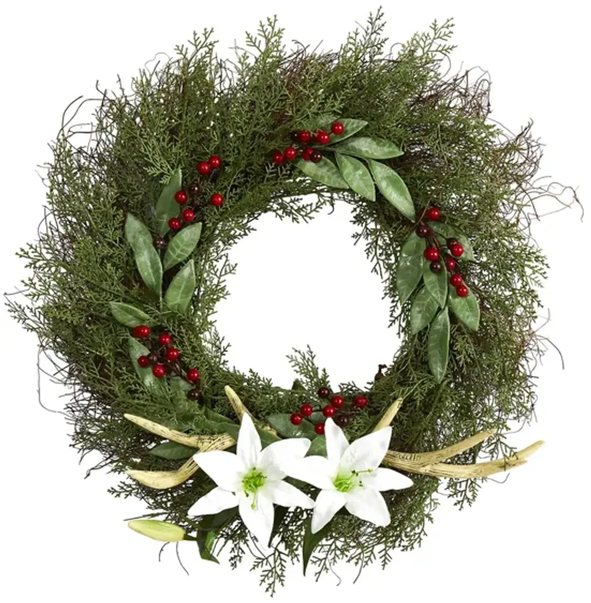 20in. Cedar, Antlers, Lily and Ruscus with Berries Artificial Wreath in Green by Bellanest