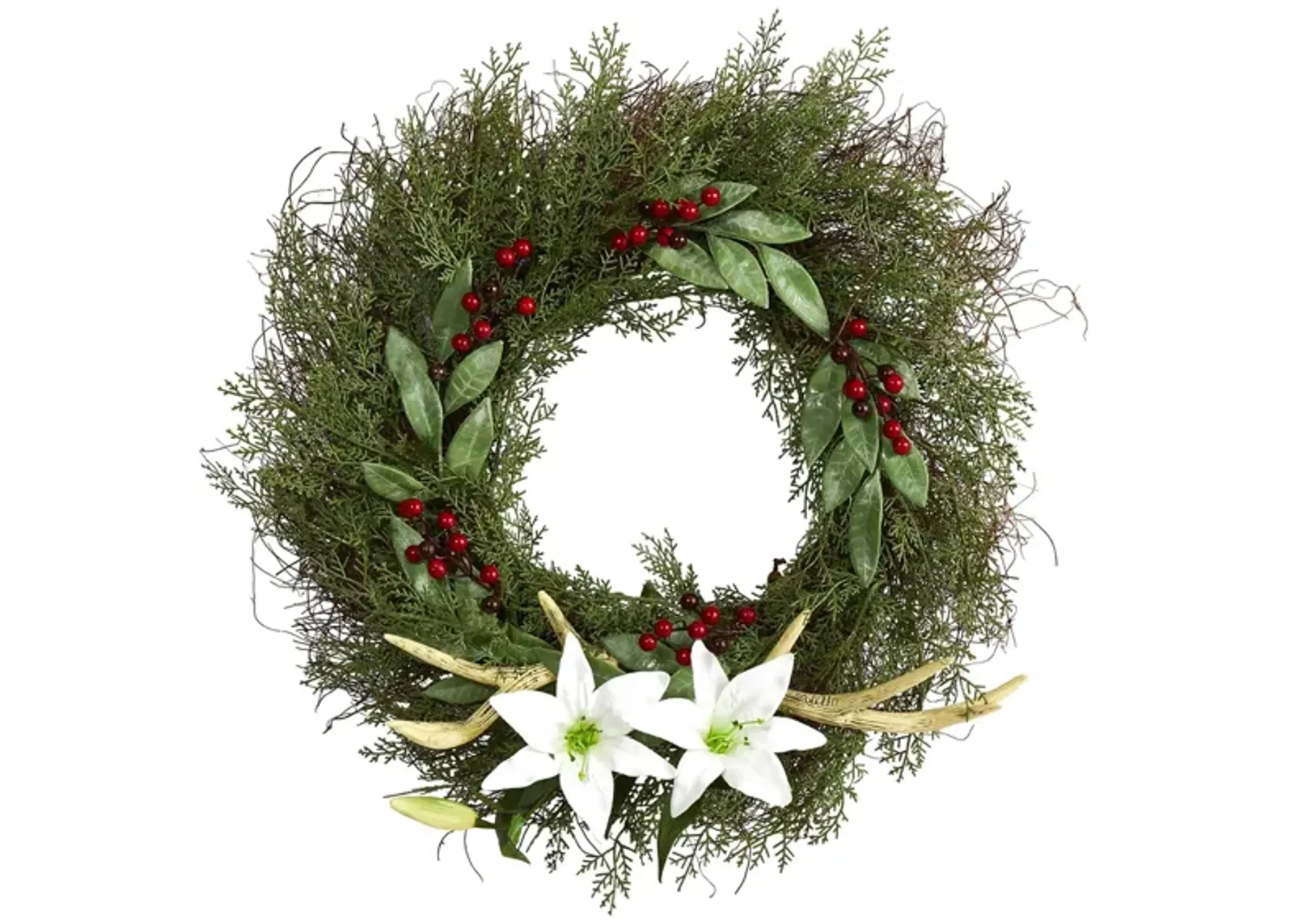 20in. Cedar, Antlers, Lily and Ruscus with Berries Artificial Wreath in Green by Bellanest