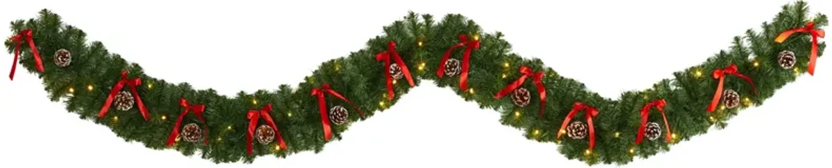 9ft. Pre-Lit Bow and Pinecone Artificial Christmas Garland in Green by Bellanest