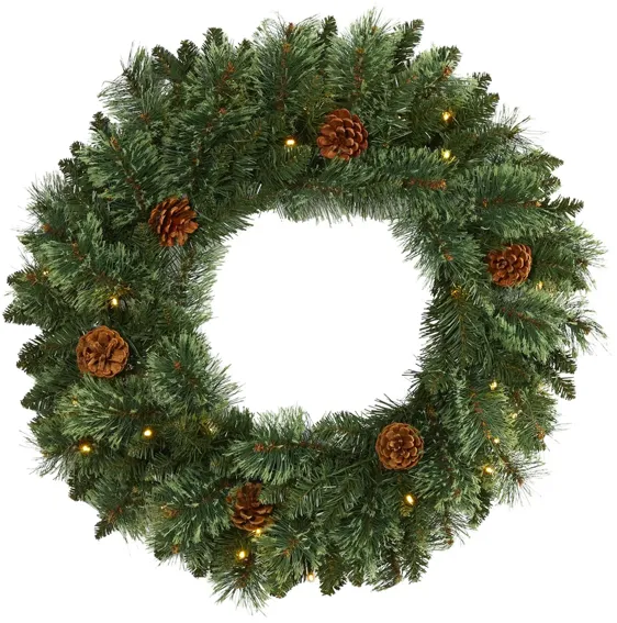 24in. Pre-Lit White Mountain Pine Artificial Christmas Wreath in Green by Bellanest