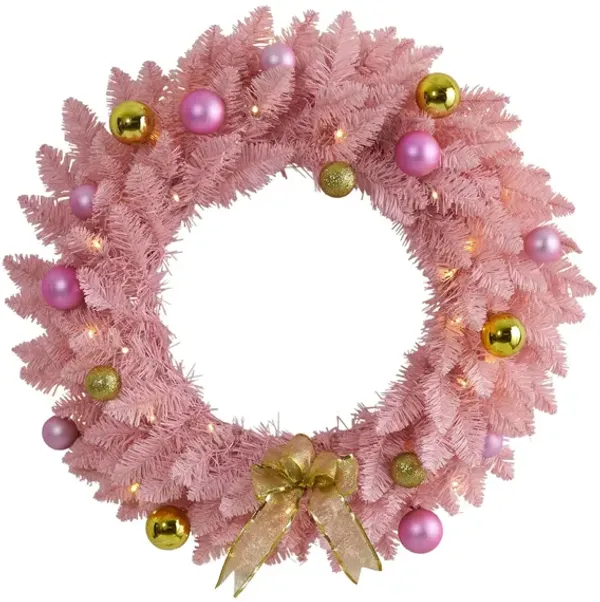 24in. Pre-Lit Pink Artificial Christmas Wreath