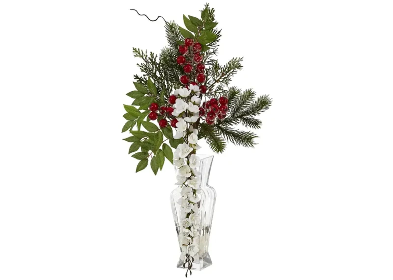 25in. Wisteria, Iced Pine and Berries Arrangement in Red/Green by Bellanest