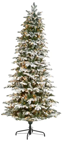 8ft. Pre-Lit Flocked North Carolina Fir Artificial Christmas Tree in White/Green by Bellanest