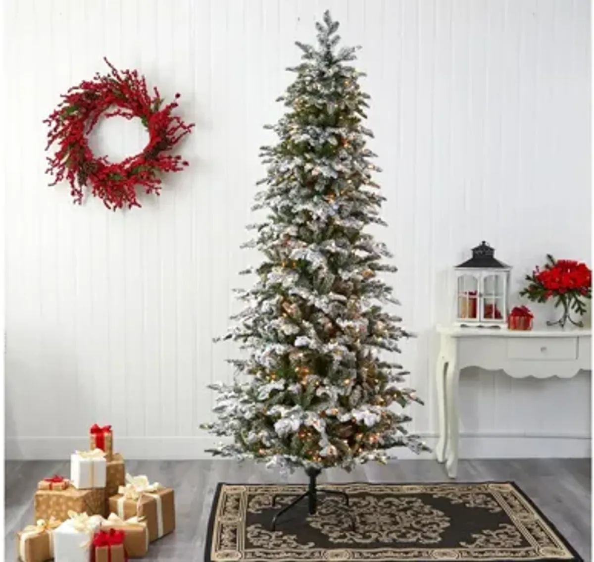 8ft. Pre-Lit Flocked North Carolina Fir Artificial Christmas Tree