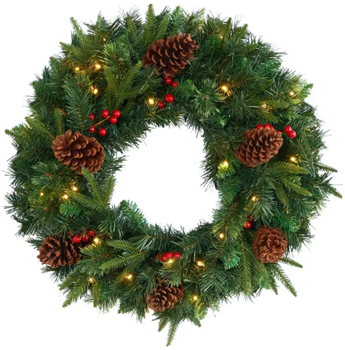 24in. Pre-Lit Mixed Pine Artificial Christmas Wreath in Green by Bellanest