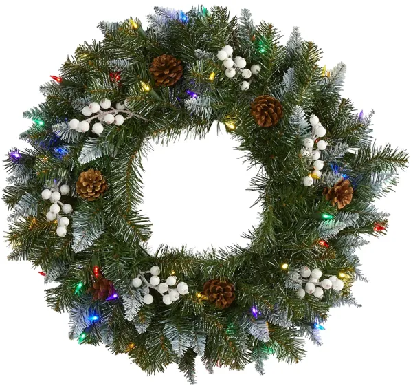 24in. Pre-Lit Snow Tipped Artificial Christmas Wreath in Green by Bellanest