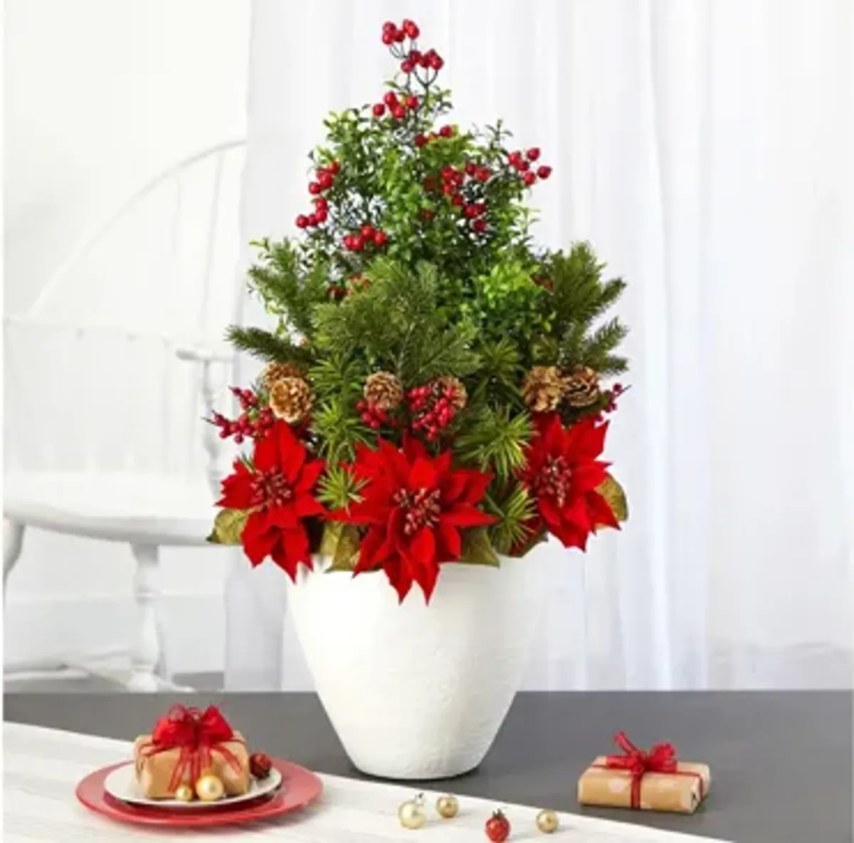 32in. Poinsettia, Boxwood and Succulent Arrangement