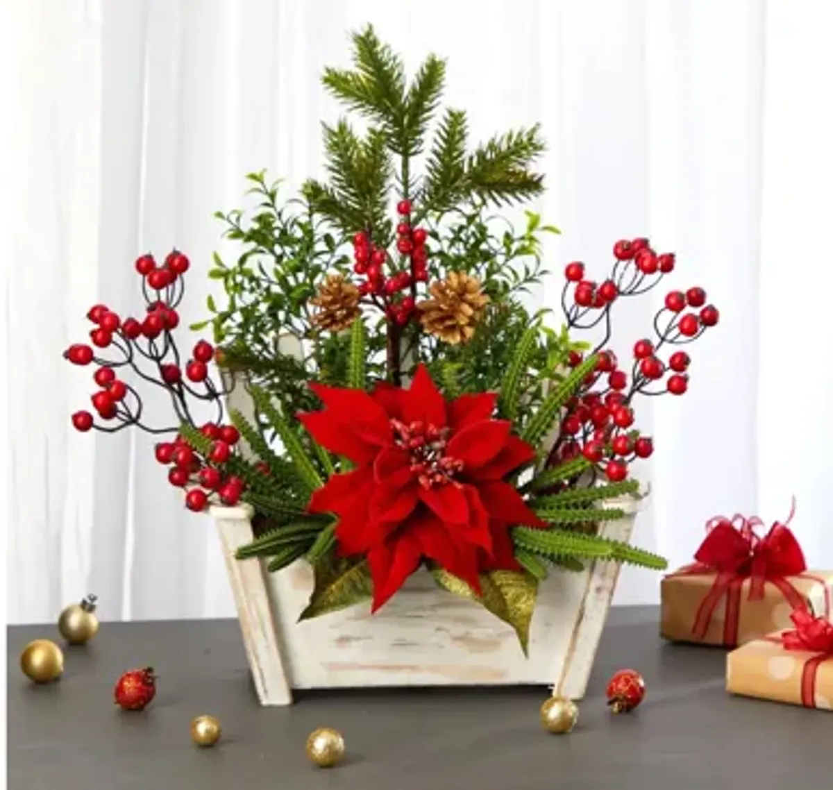 18in. Poinsettia, Succulent and Berry Arrangement