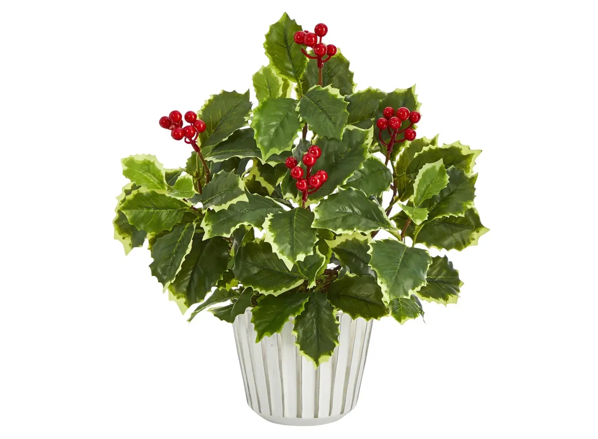 13in. Variegated Holly Leaf Artificial Plant in Green by Bellanest