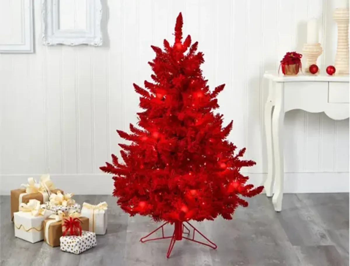 4ft. Pre-Lit Red Flocked Fraser Fir Artificial Christmas Tree