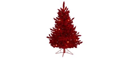 4ft. Pre-Lit Red Flocked Fraser Fir Artificial Christmas Tree in Red by Bellanest