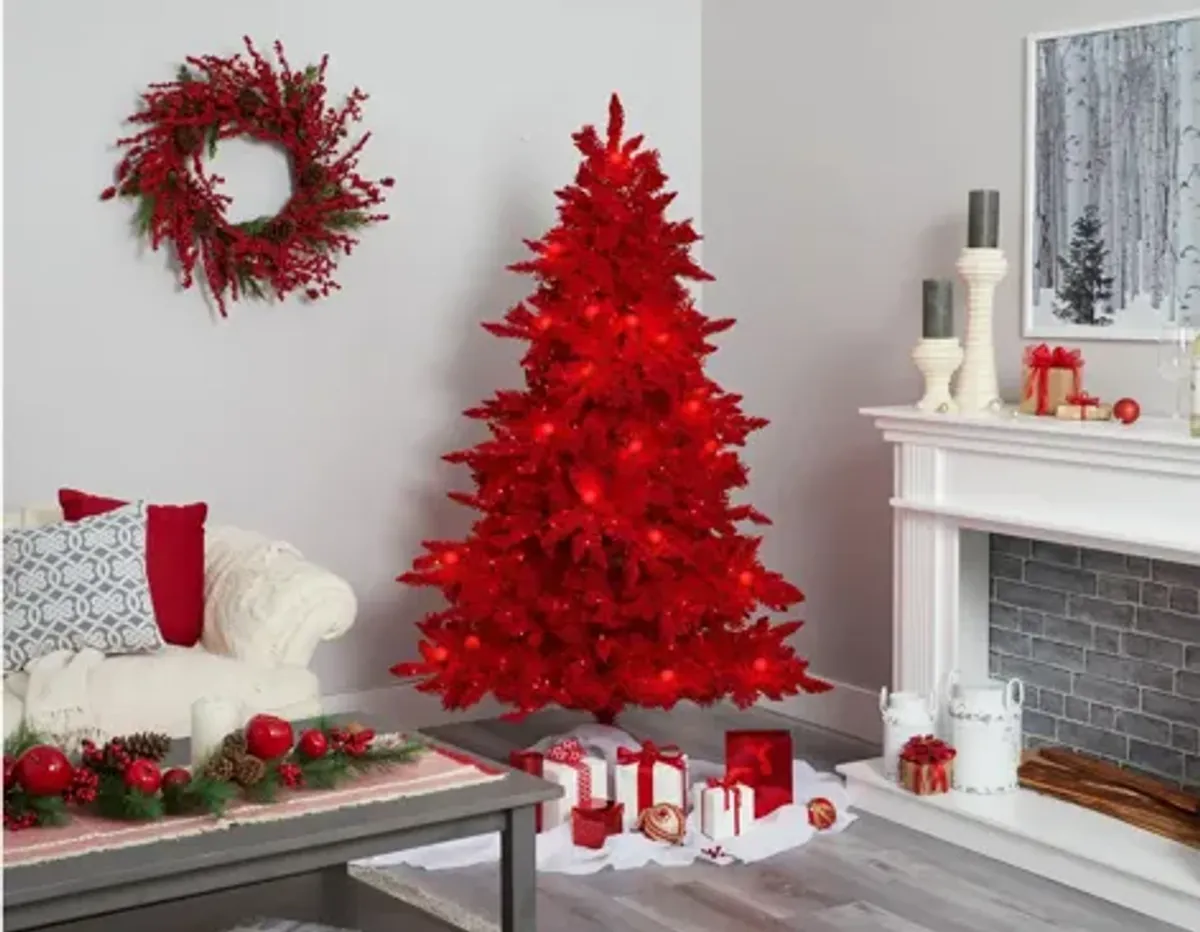 6ft. Pre-Lit Red Flocked Fraser Fir Artificial Christmas Tree