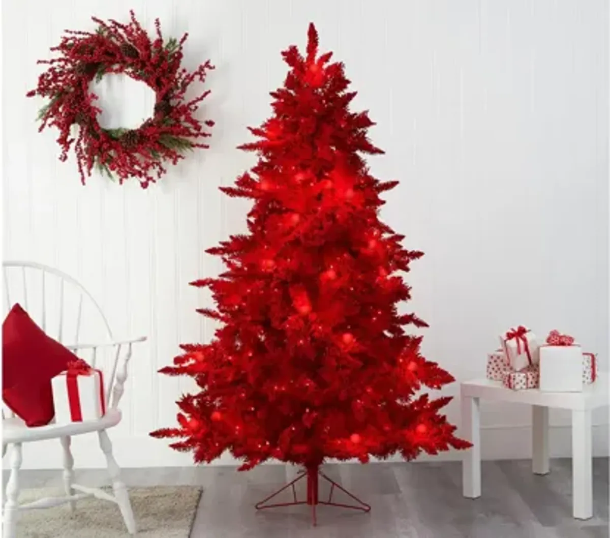 6ft. Pre-Lit Red Flocked Fraser Fir Artificial Christmas Tree