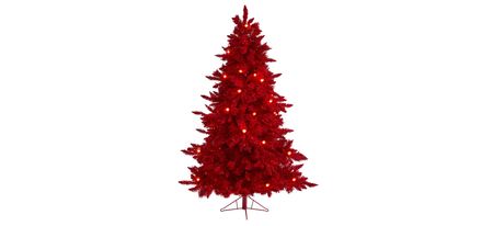 6ft. Pre-Lit Red Flocked Fraser Fir Artificial Christmas Tree in Green by Bellanest