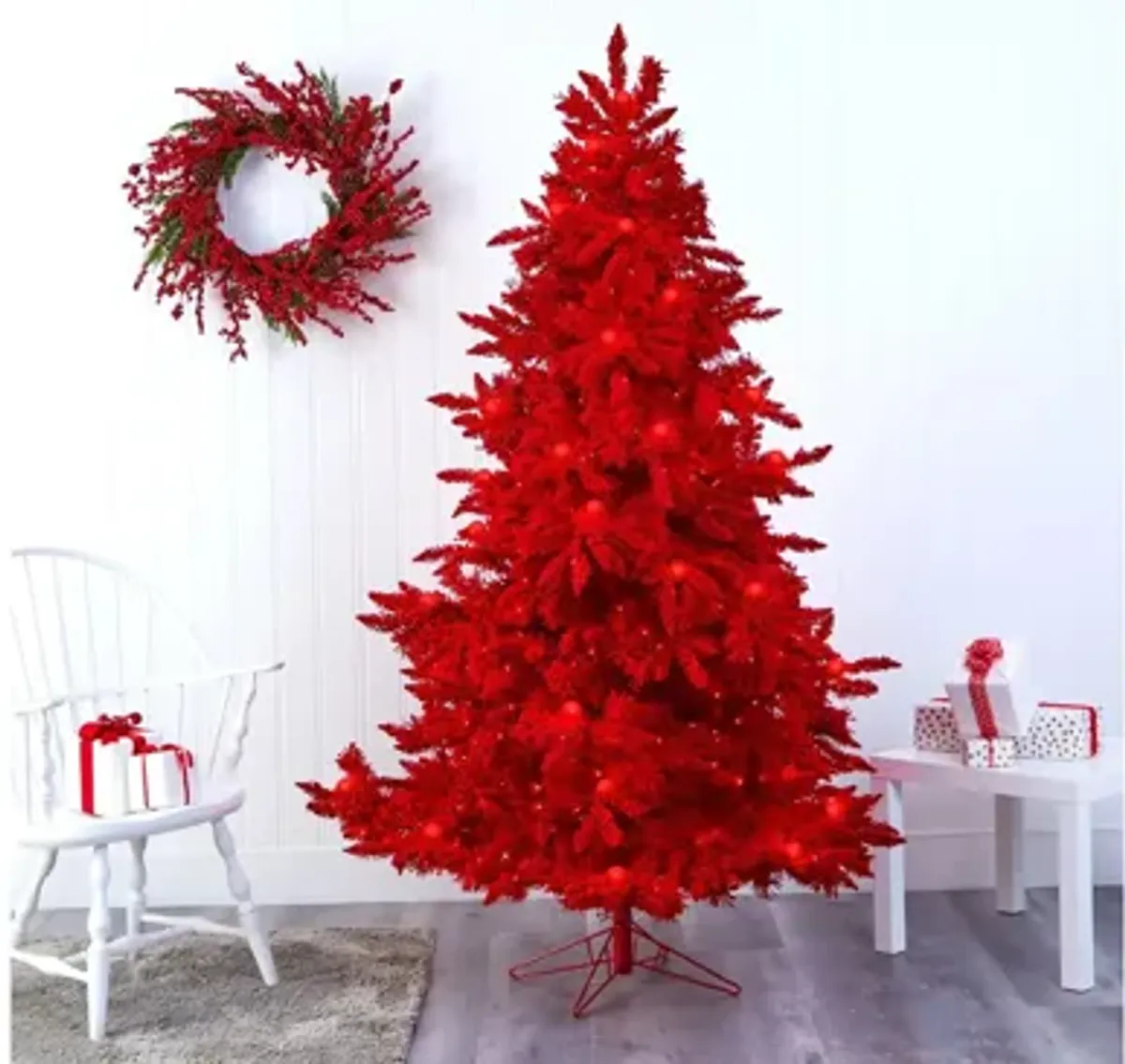 7ft. Pre-Lit Red Flocked Fraser Fir Artificial Christmas Tree