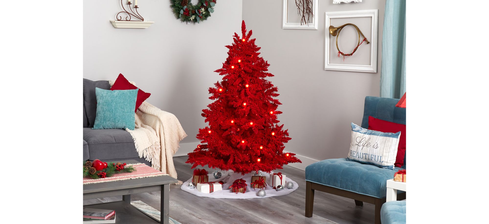 5ft. Pre-Lit Red Flocked Fraser Fir Artificial Christmas Tree in Red by Bellanest