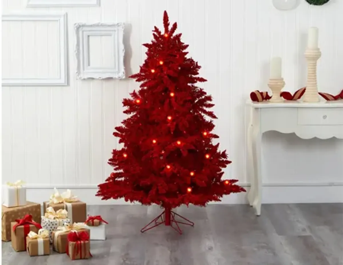 5ft. Pre-Lit Red Flocked Fraser Fir Artificial Christmas Tree