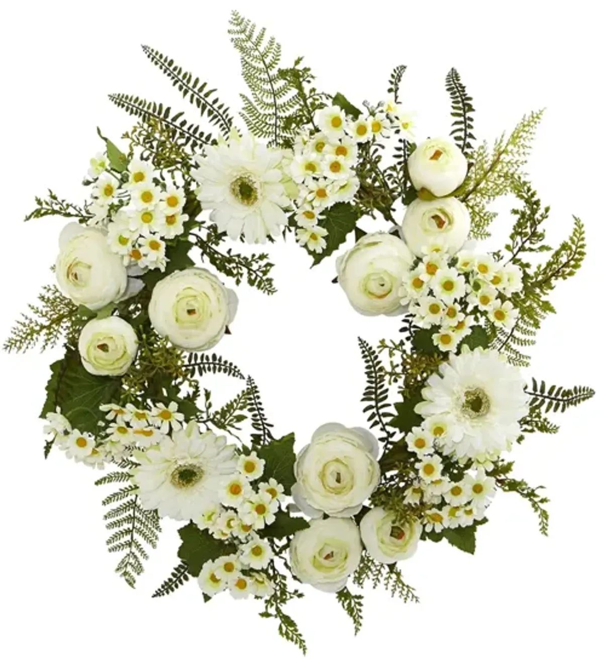 24in. Mixed Daisies and Ranunculus Wreath in White by Bellanest