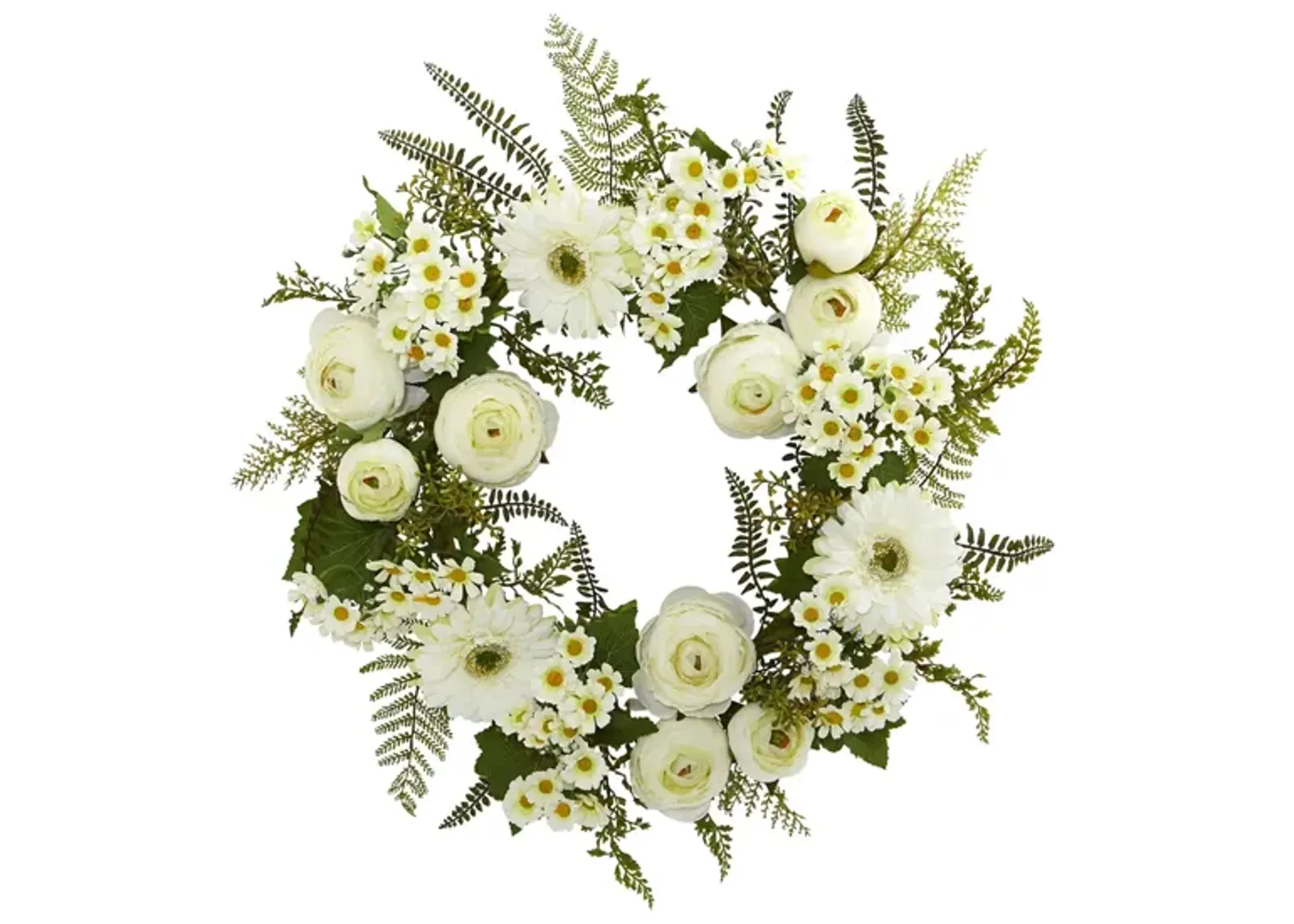 24in. Mixed Daisies and Ranunculus Wreath in White by Bellanest