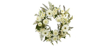 24in. Mixed Daisies and Ranunculus Wreath in White by Bellanest