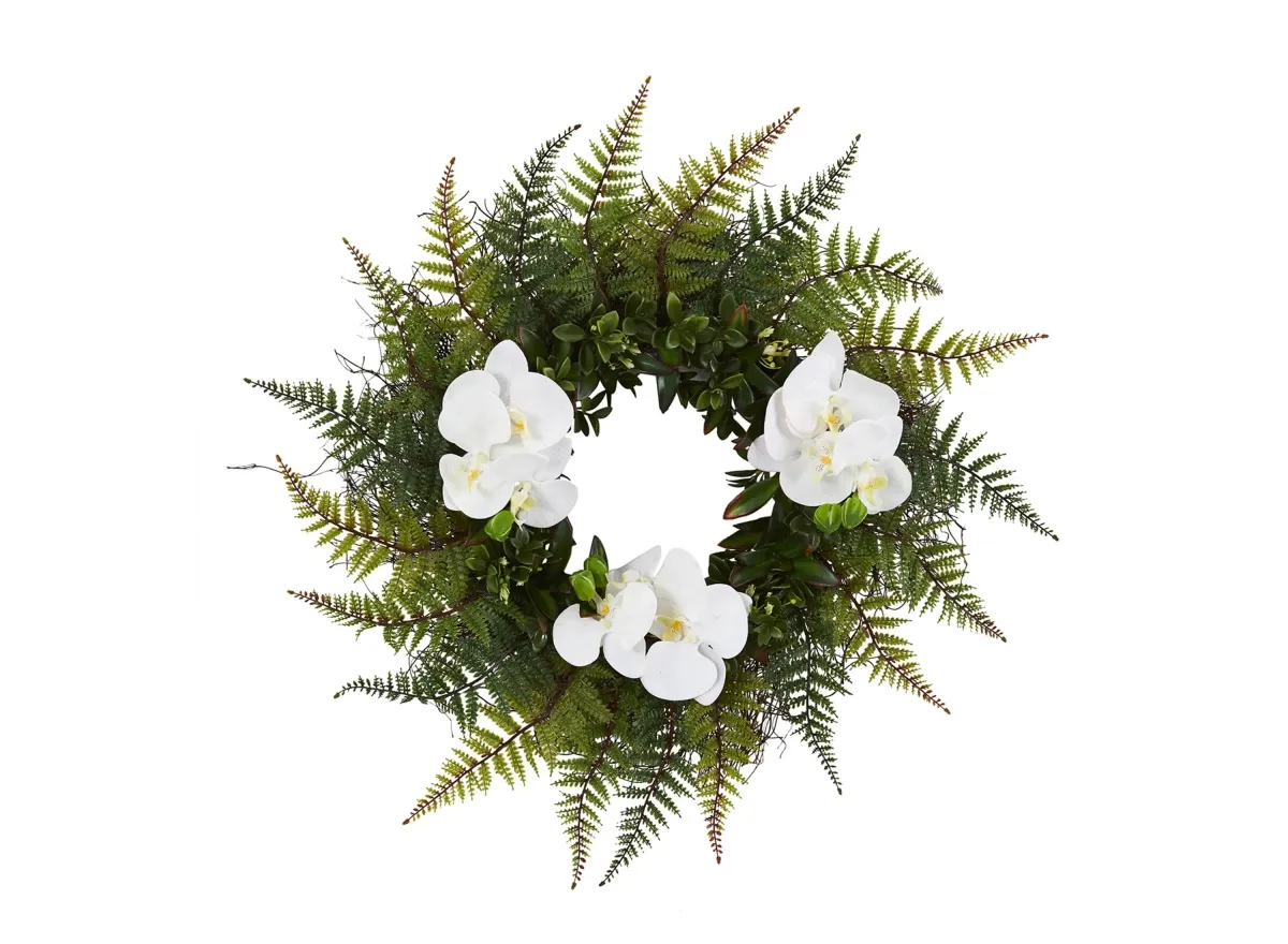 23in. Assorted Fern and Phalaenopsis Orchid Artificial Wreath in Green/White by Bellanest