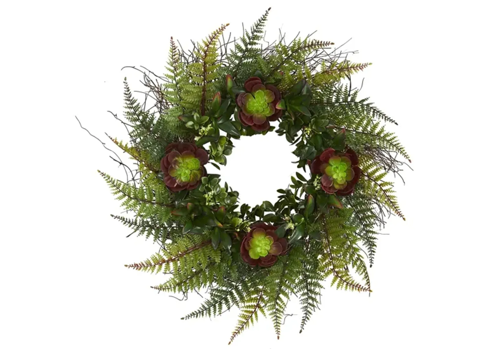 23in. Assorted Fern and Echeveria Succulent Artificial Wreath in Green by Bellanest