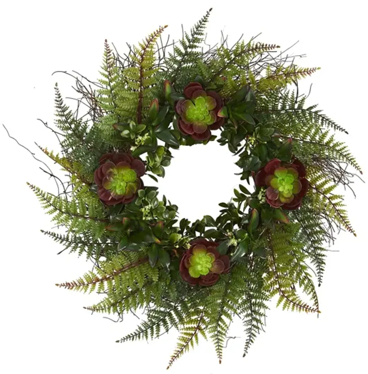 23in. Assorted Fern and Echeveria Succulent Artificial Wreath in Green by Bellanest