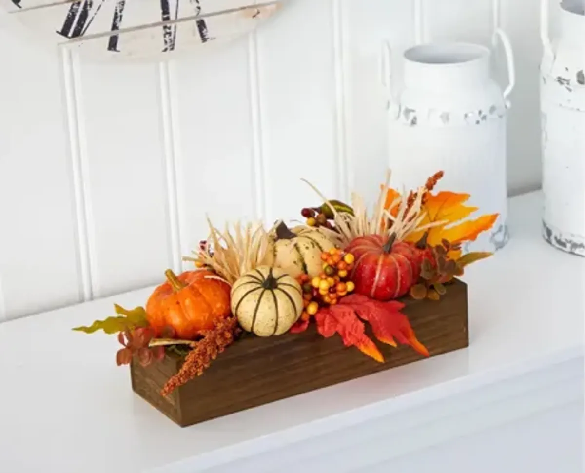 16in. Harvest Pumpkin and Berries Artificial Arrangement in Wood Vase