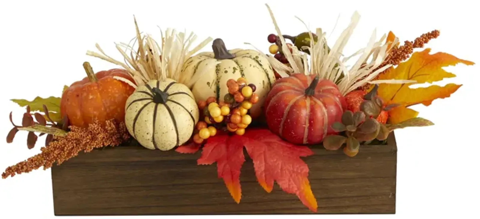 16in. Harvest Pumpkin and Berries Artificial Arrangement in Wood Vase