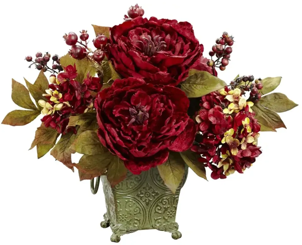 Peony & Hydrangea Silk Flower Arrangement in Red by Bellanest