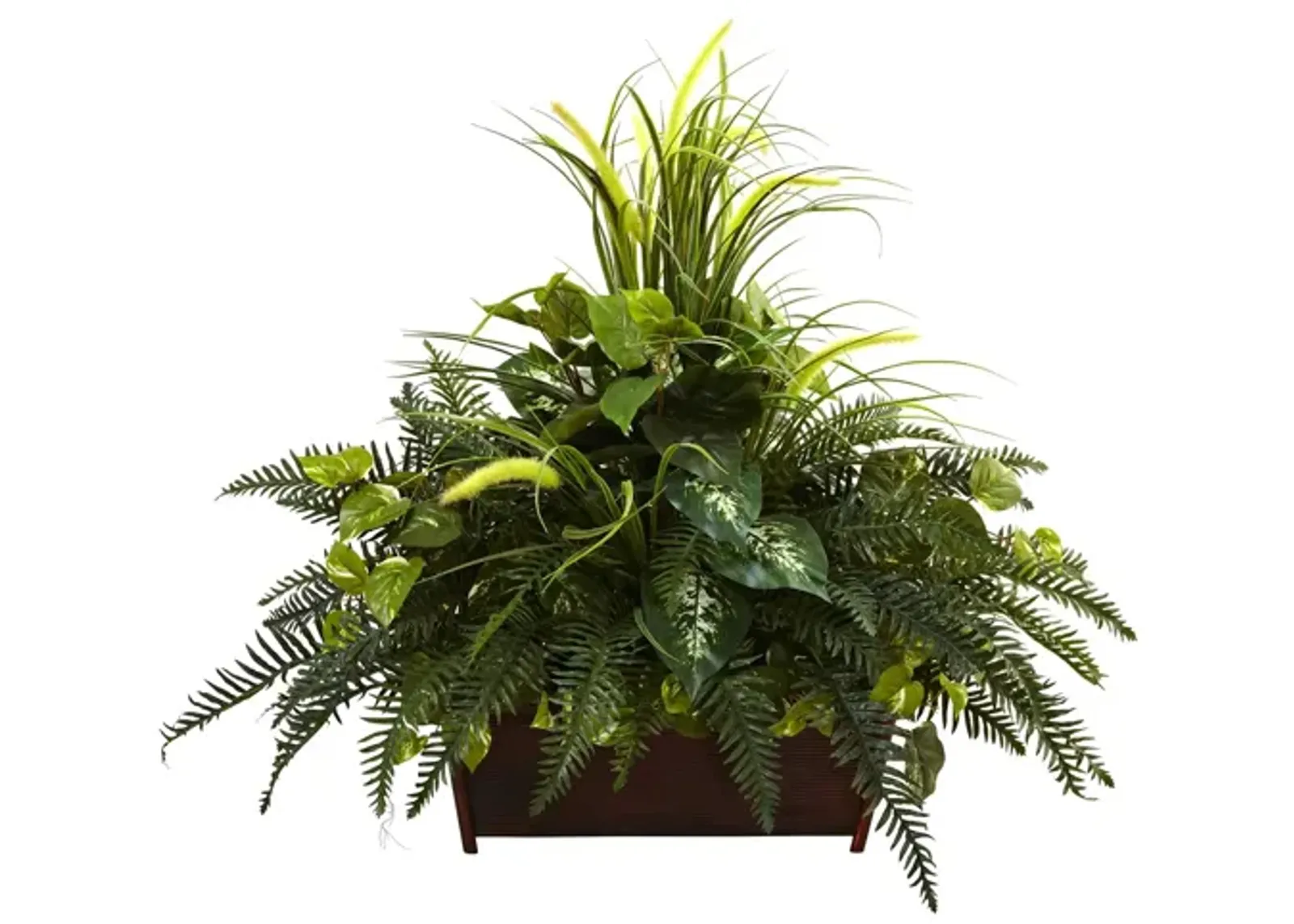 Mixed Grass & River Fern with Wood Planter in Green by Bellanest