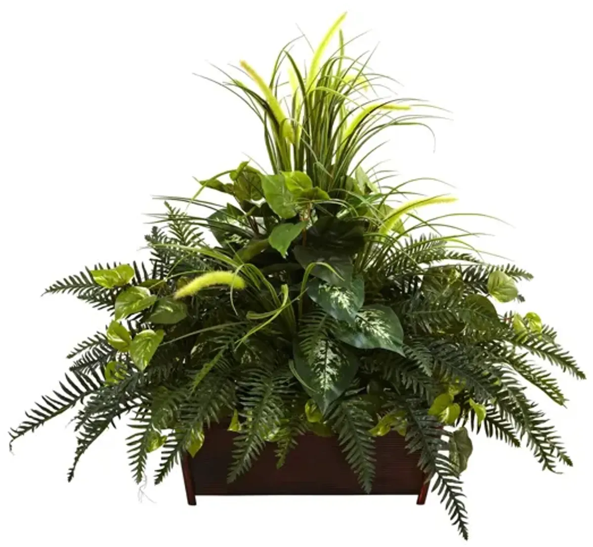 Mixed Grass & River Fern with Wood Planter in Green by Bellanest