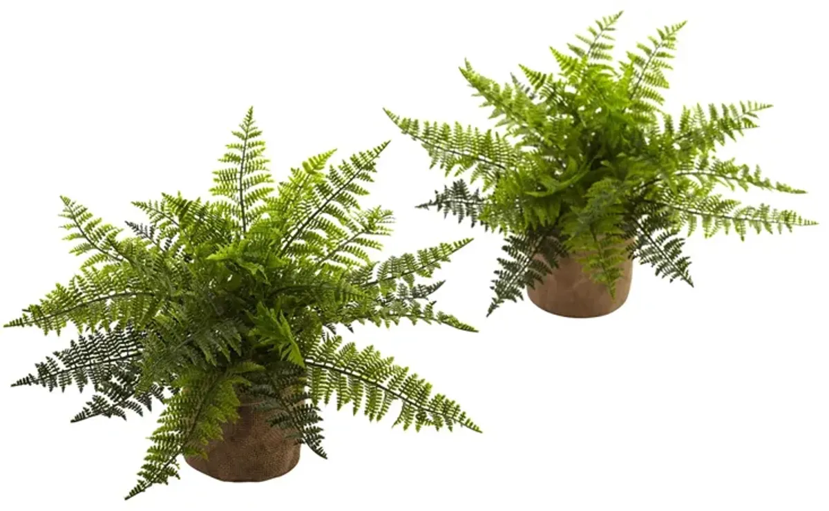 15in. Ruffle Fern Bush with Burlap Base (Set of 2) in Green by Bellanest