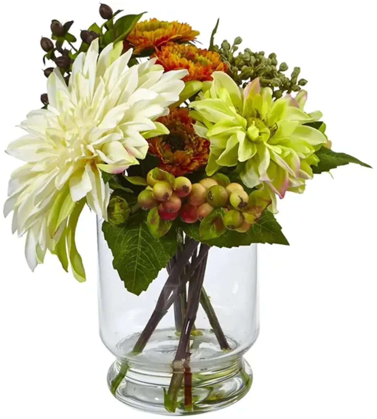 Mixed Dahlia and Mum with Glass Vase in White/Orange by Bellanest