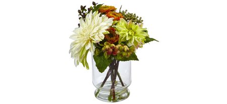 Mixed Dahlia and Mum with Glass Vase in White/Orange by Bellanest