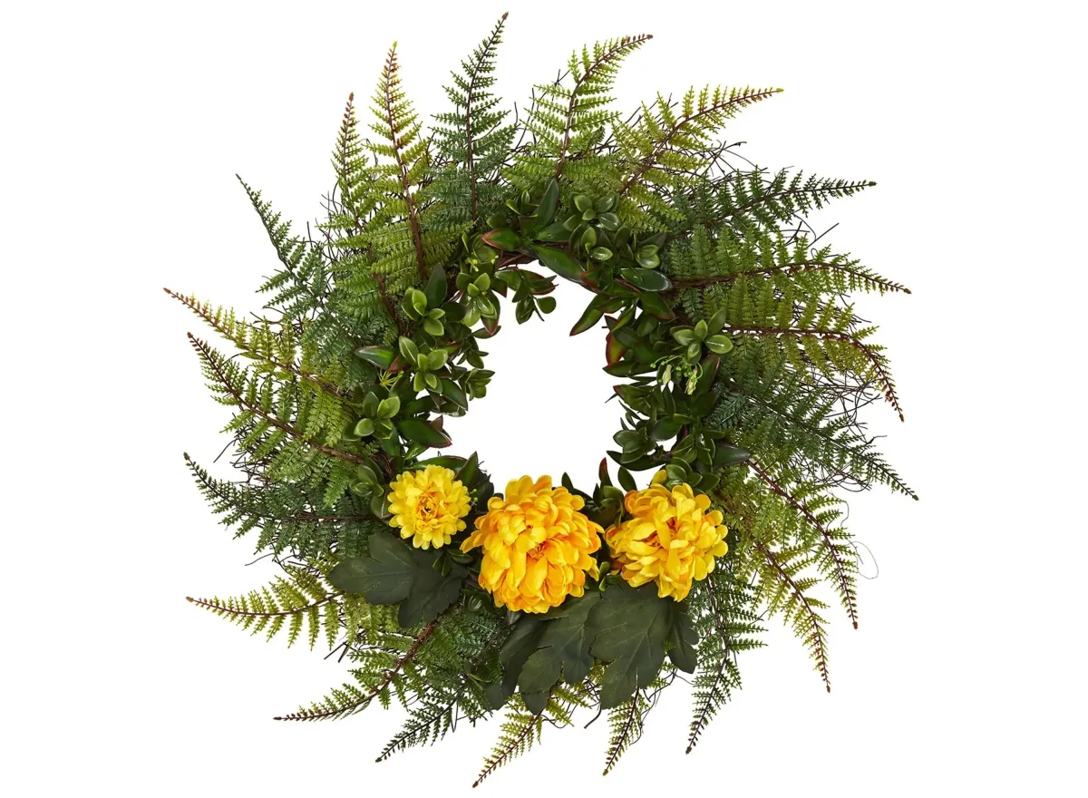 23in. Assorted Fern and Chrysanthemum Artificial Wreath in Yellow by Bellanest