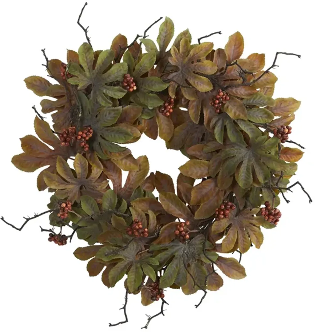 24in. Fatsia with Berries Autumn Artificial Wreath in Green by Bellanest