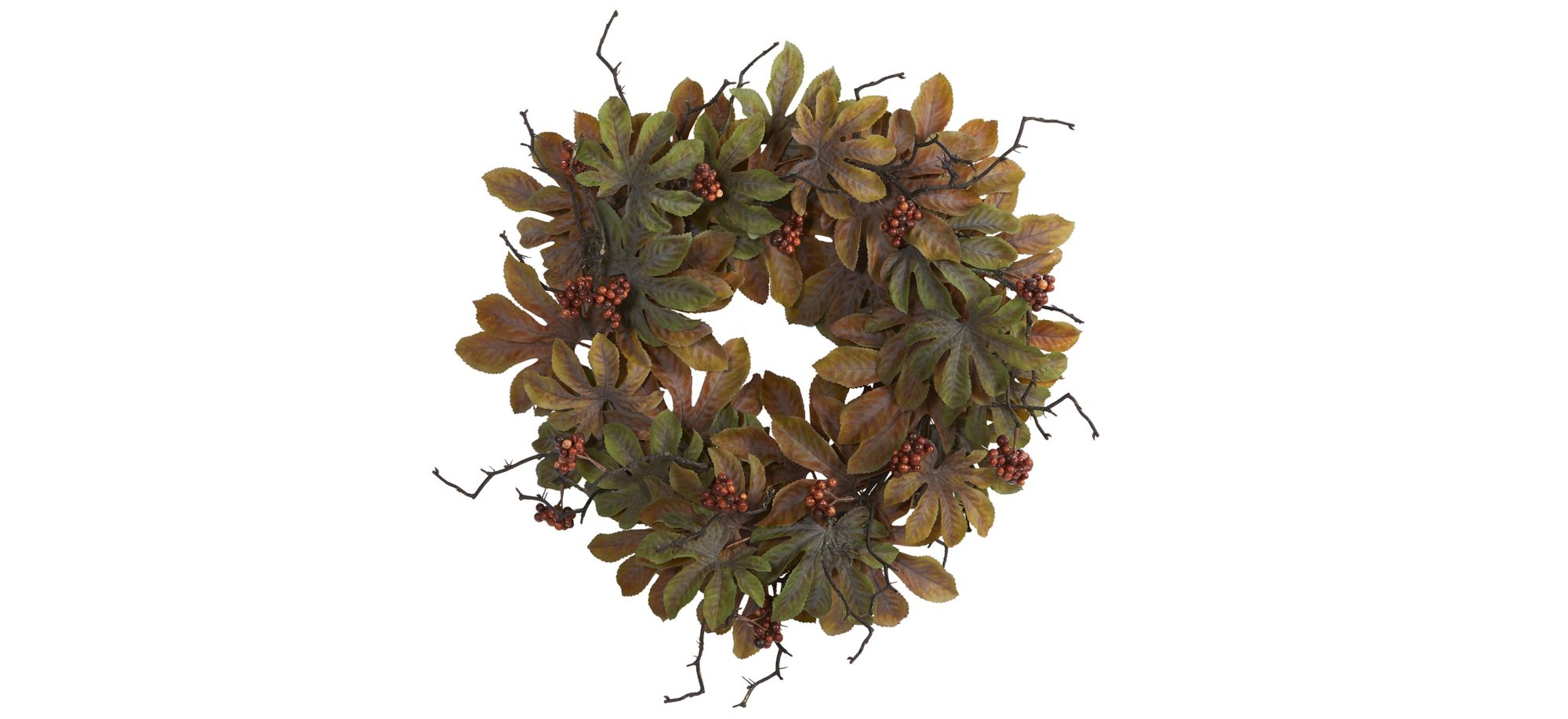 24in. Fatsia with Berries Autumn Artificial Wreath in Green by Bellanest