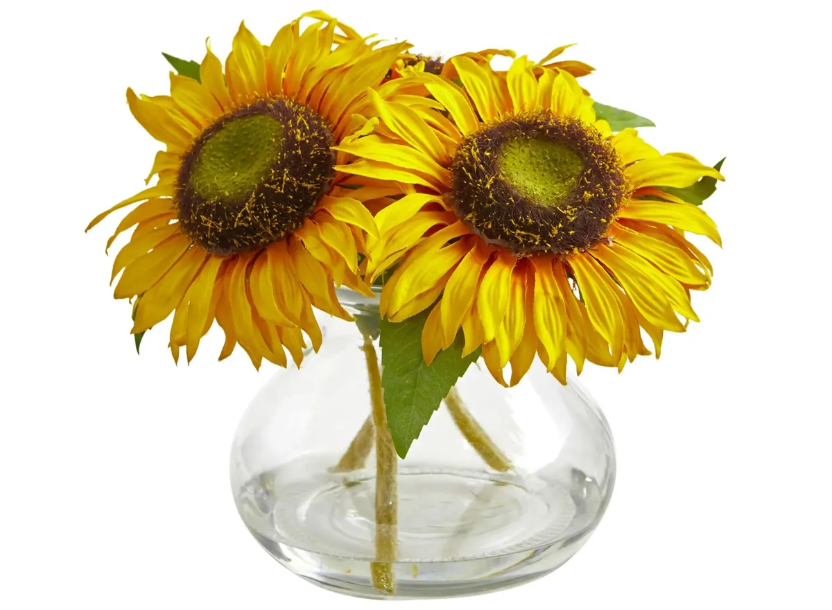 Sunflower Artificial Arrangement in Glass Vase in Yellow