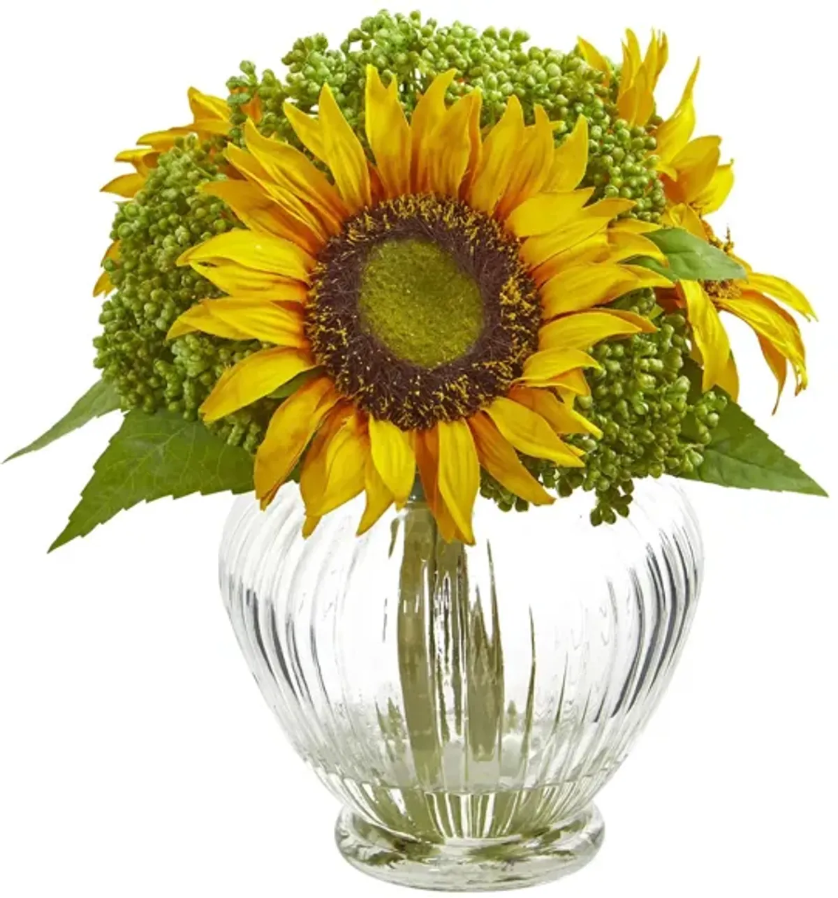 Sunflower Artificial Arrangement in Ribbed Glass Vase in Yellow/Green by Bellanest