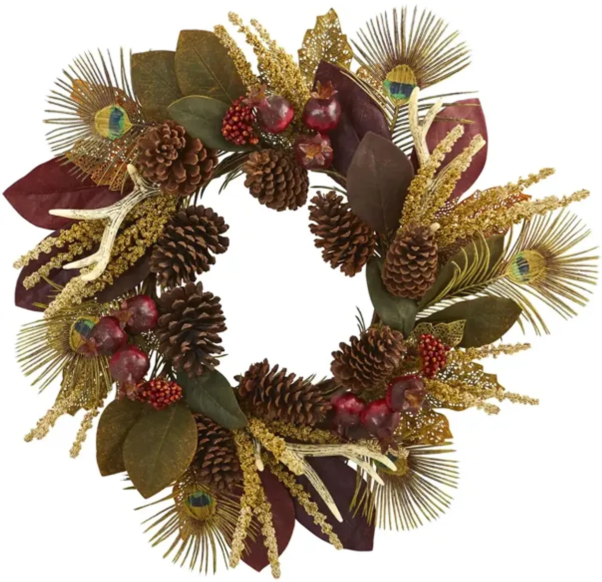 27in. Magnolia Leaf, Berry, Antler and Peacock Feather Artificial Wreath in Assorted by Bellanest