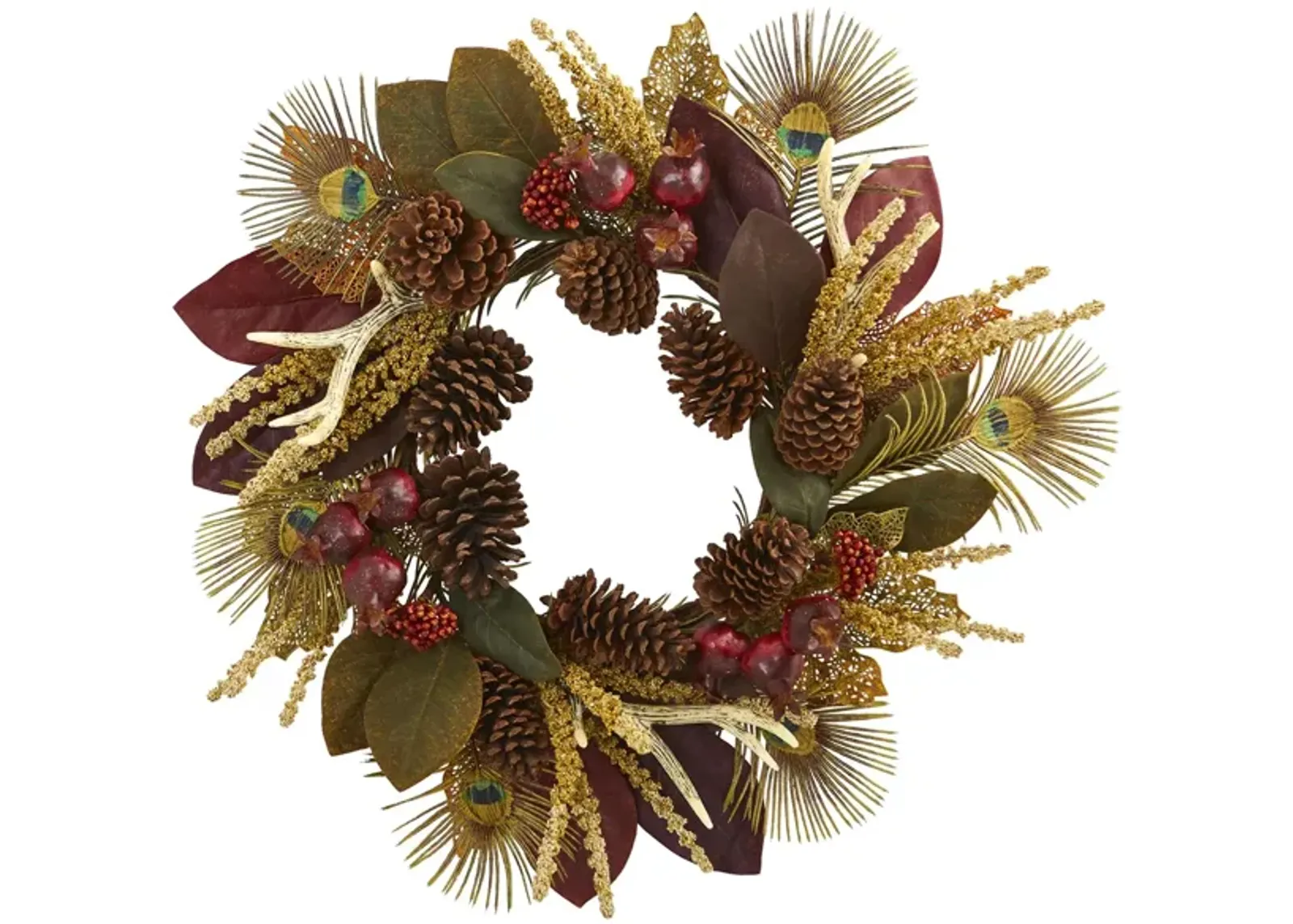 27in. Magnolia Leaf, Berry, Antler and Peacock Feather Artificial Wreath