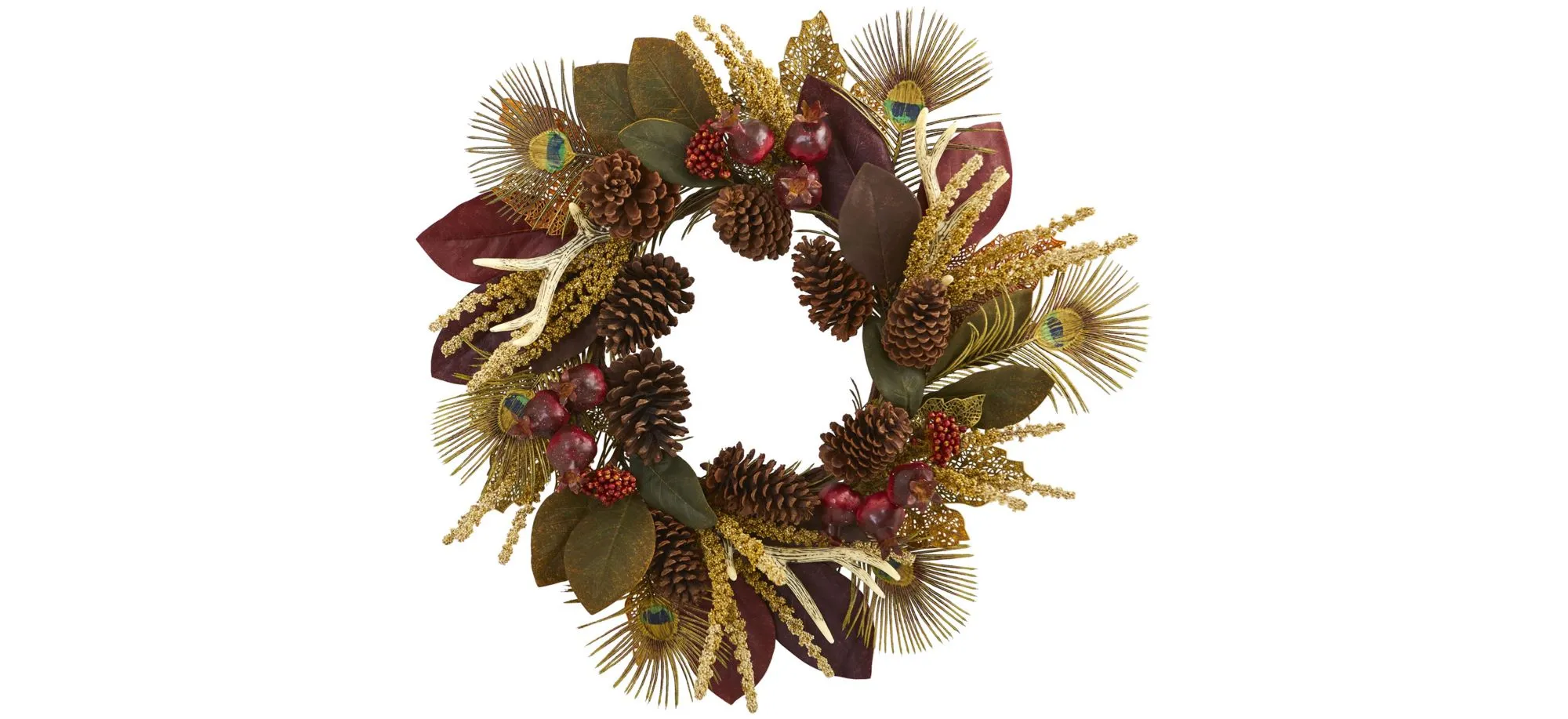 27in. Magnolia Leaf, Berry, Antler and Peacock Feather Artificial Wreath in Assorted by Bellanest