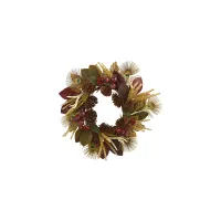 27in. Magnolia Leaf, Berry, Antler and Peacock Feather Artificial Wreath in Assorted by Bellanest