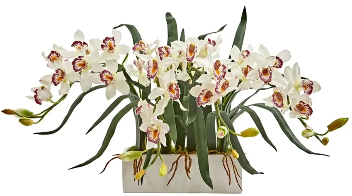 Cymbidium Artificial Arrangement in White Vase