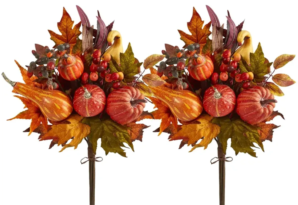 20in. Pumpkin and Maple Leaf Artificial Flower Bouquet (Set of 2) in Orange by Bellanest