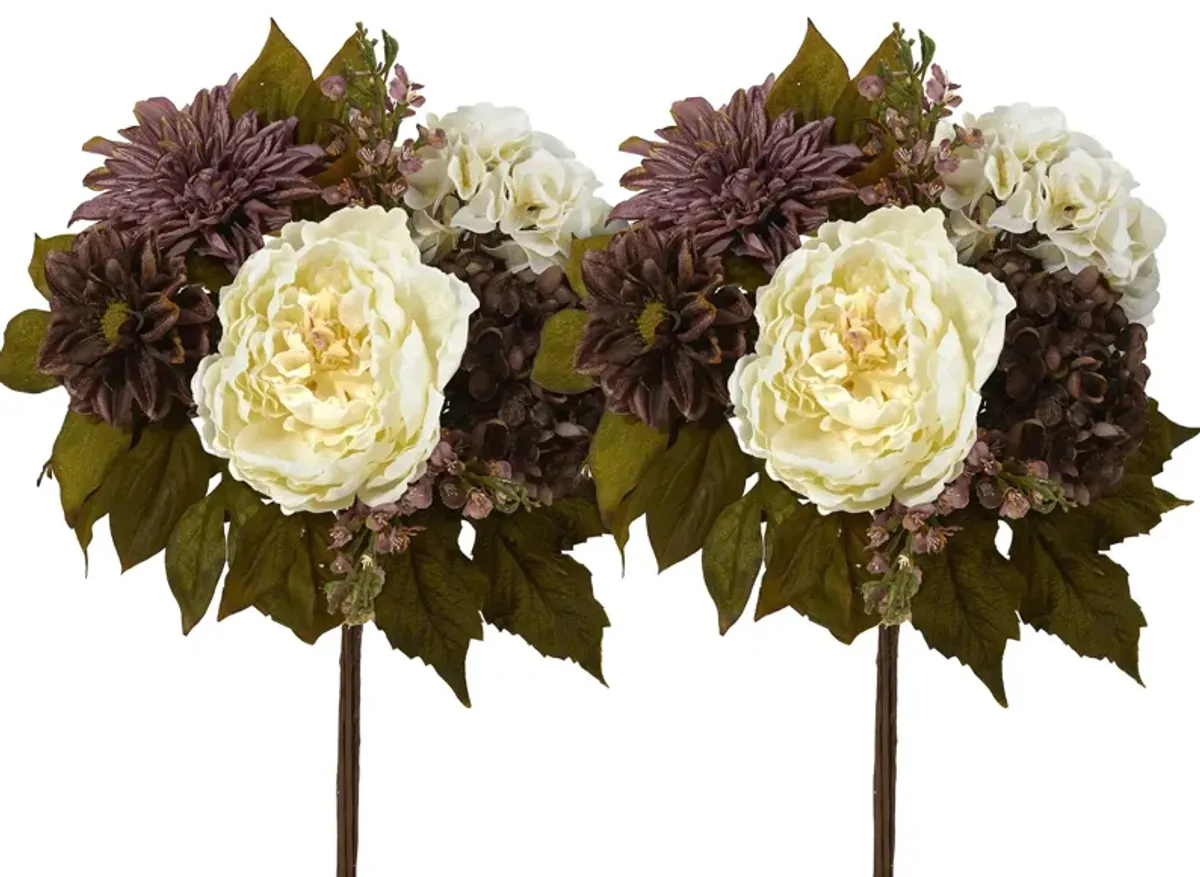 16in. Peony, Hydrangea and Dahlia Artificial Flower Bouquet (Set of 2) in Purple/Cream by Bellanest