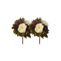 16in. Peony, Hydrangea and Dahlia Artificial Flower Bouquet (Set of 2) in Purple/Cream by Bellanest